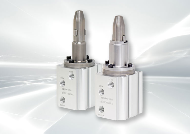 KOSMEK SWG pneumatic expansion locating pin for precision clamping in manufacturing.