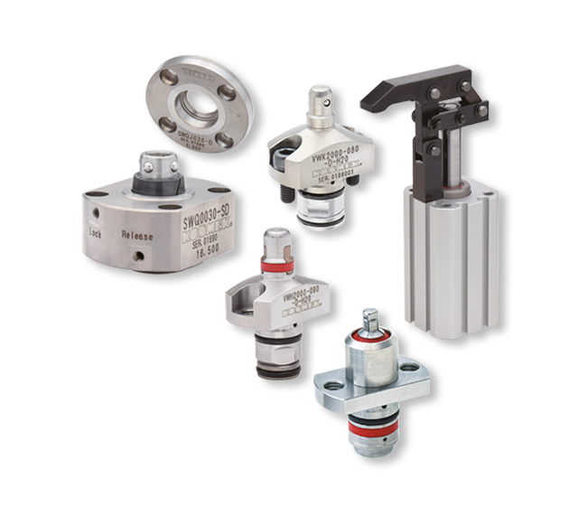 KOSMEK positioning and clamping products for high-precision fixture setup in automated manufacturing.