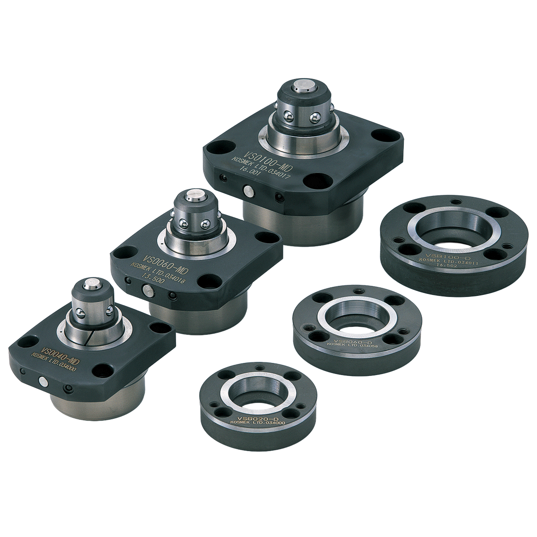 KOSMEK pallet clamp with movable taper sleeve, 3μm locating repeatability, and reduced setup time.