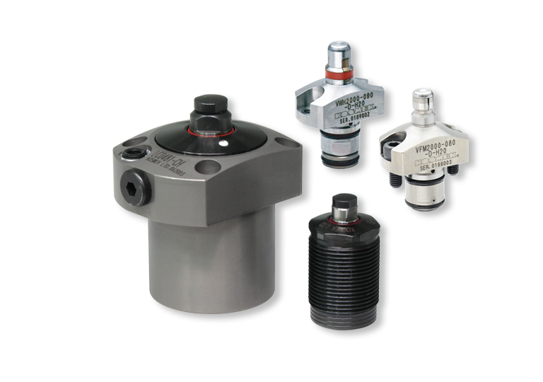KOSMEK work support and locating units for stable, accurate positioning in high-precision machining setups.