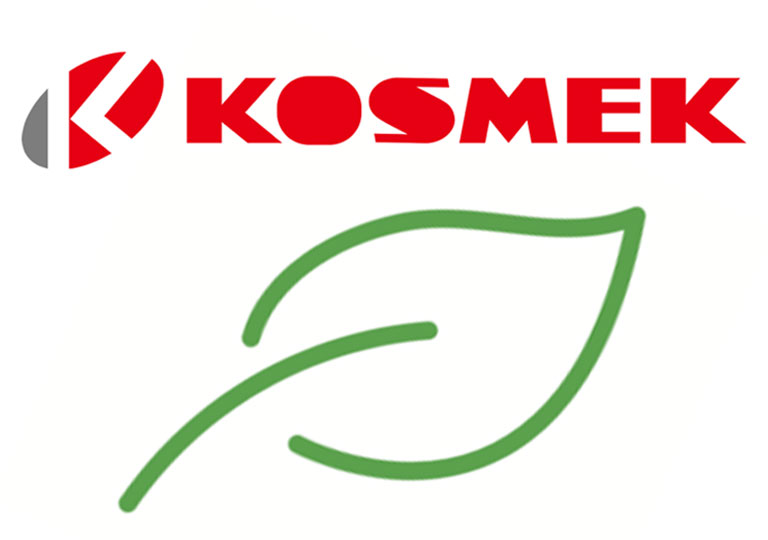 KOSMEK logo with a green leaf symbolizing sustainable engineering, energy-saving systems, and long-term reliability.