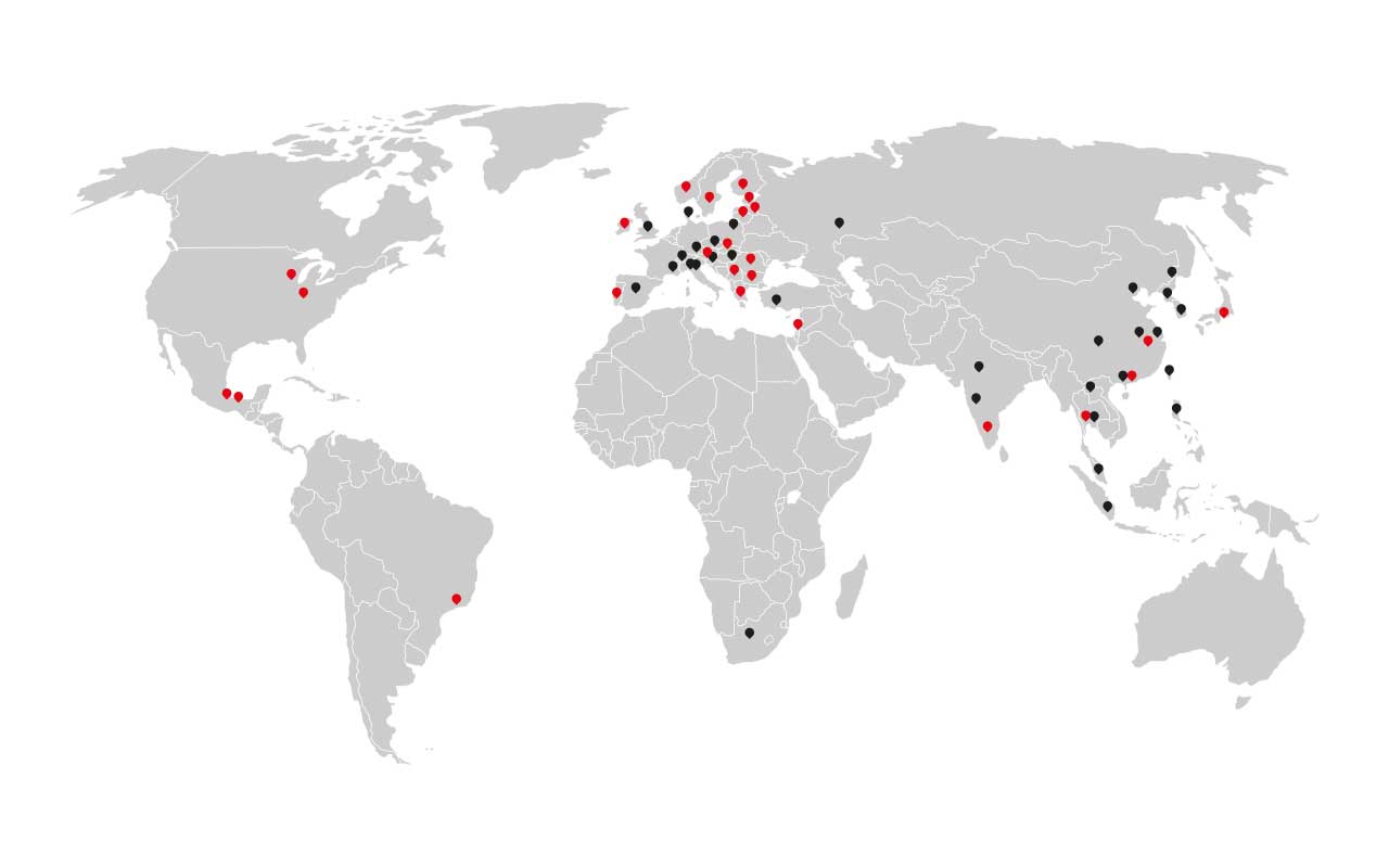 Map showing KOSMEK distributor network across Europe, the Middle East, and Africa for local support and fast delivery.