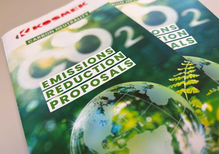 KOSMEK Carbon Neutrality flyer on Emissions Reduction Proposals featuring CO2 savings and sustainability solutions