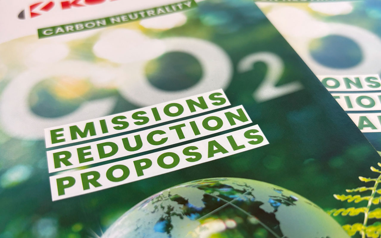 KOSMEK sustainability brochure on carbon neutrality and emissions reduction proposals.