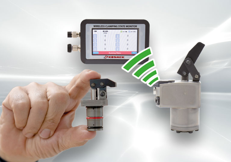 KOSMEK wireless sensing clamp system with state monitor showing real-time clamping status