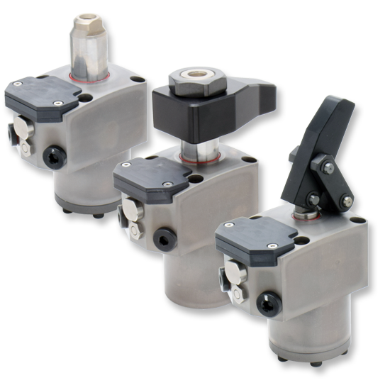 KOSMEK Wireless Sensing double acting hydraulic models LHM swing clamp, LKM link clamp, and LLM linear cylinder for wireless status confirmation