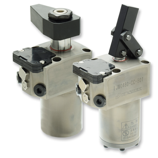 KOSMEK Wireless Sensing single acting hydraulic swing clamp LGM and link clamp LJM for batteryless wireless unclamp confirmation