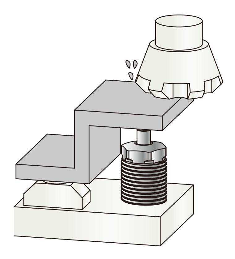 Illustration of KOSMEK TNE hydraulic work support stabilizing an overhanging thin wall during milling to prevent chatter