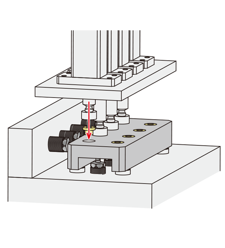 Illustration of KOSMEK TNE hydraulic work support backing up a workpiece during press fit to prevent bending and improve alignment