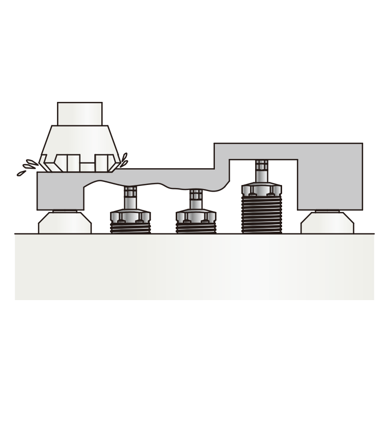 Illustration of multiple KOSMEK TNE hydraulic work supports compensating different workpiece heights to keep the part stable during machining