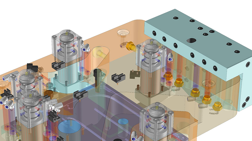 Downside - CAD view of the machining fixture showing the Pneumatic Expansion Locating Pin (VWK) locating concept for repeatable positioning in a single setup operation