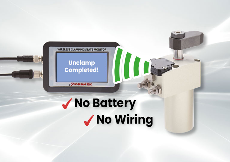 KOSMEK Wireless Sensing clamp with wireless clamping state monitor showing “Unclamp Completed”