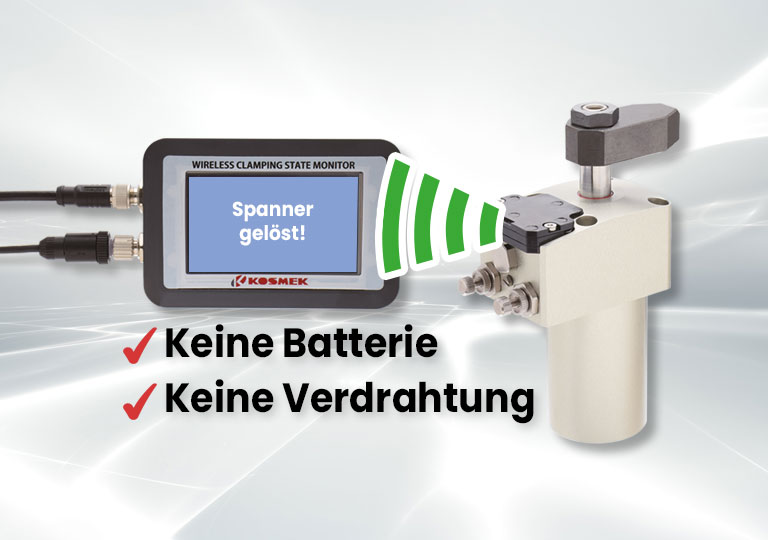 KOSMEK Wireless Sensing clamp with wireless clamping state monitor showing “Unclamp Completed”