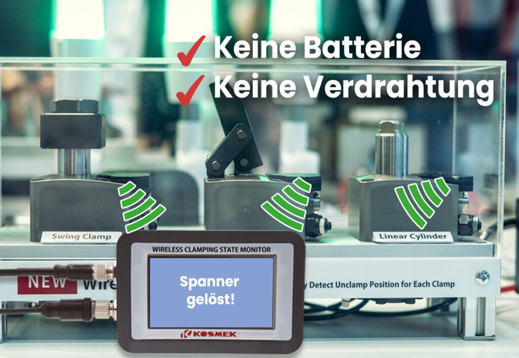 KOSMEK Schwenkspanner, Hebelspanner und Linearzylinder mit Funkabfrage und Monitor zur Lösebestätigung