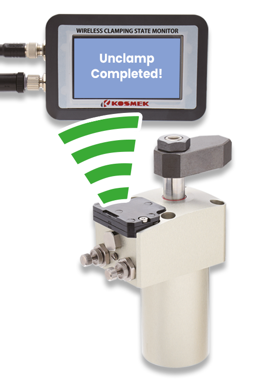 KOSMEK Wireless Sensing clamp sending a wireless signal to the clamping state monitor confirming unclamp completed.