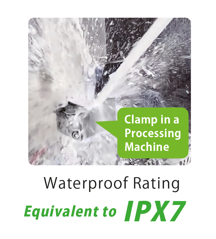 IPX7 equivalent waterproof protection for KOSMEK Wireless Sensing clamp sensor in wet machining and processing environments.
