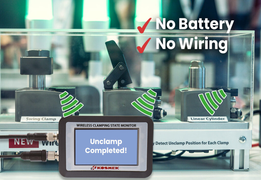 KOSMEK wireless clamping state monitor displaying “Unclamp Completed” with wireless signals from swing clamp and linear cylinder demo units, highlighted with “No Battery” and “No Wiring”.