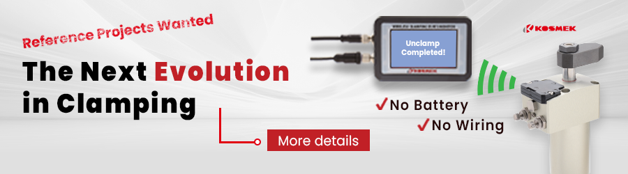 KOSMEK Reference Projects Wanted banner for Wireless Sensing Technology in clamping applications