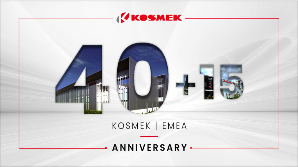 Kampagnenvisual für den KOSMEK Jubiläums-Newsartikel mit Fokus auf 40 Jahre KOSMEK und 15 Jahre EMEA in Verbindung mit der kostenlosen technischen Beratung für ausgewählte Fertigungsanwendungen.