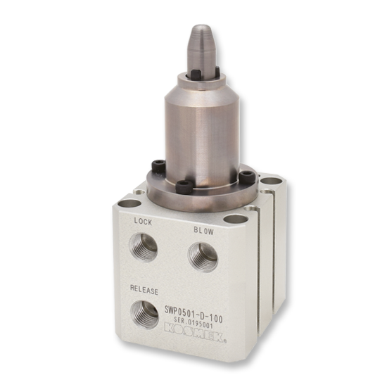KOSMEK SWP pneumatic locating pin clamp with an expanding pin for positioning and clamping thin workpieces