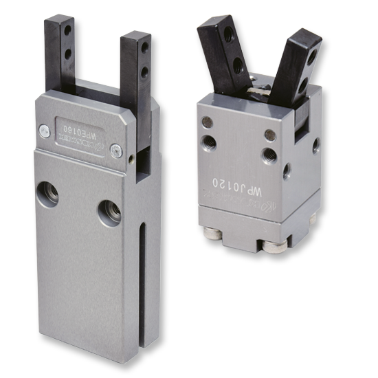 KOSMEK WPE wide angular gripper and WPJ compact angular gripper, each shown with two gripping fingers