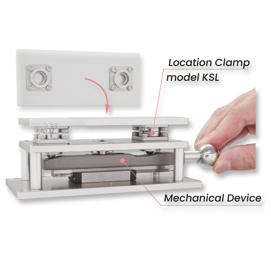 Lever-operated inspection fixture with KSL Location Clamps positioning a removable plate on a mechanical device.