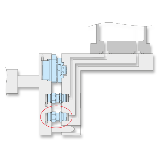 Cross-sectional schematic of fluid couplings and internal supply channels for semiconductor etching and cleaning equipment.