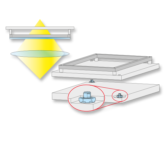 Precision locating elements highlighted on a removable platform during setup of semiconductor exposure equipment.