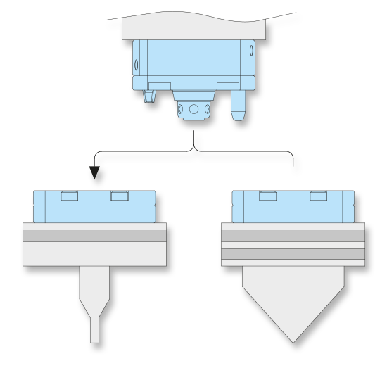 Schematic of a coating head with interchangeable nozzle attachments for photoresist application in semiconductor manufacturing.