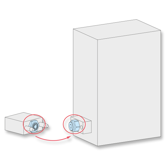 Technische Illustration lösbarer Kupplungselemente zur Druckhaltung während einer Dichtheitsprüfung in der Halbleiterfertigung.