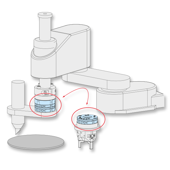 Technische Illustration einer Wafer-Schleifmaschine mit markierter lösbarer Kupplungsschnittstelle für den automatisierten Werkzeugwechsel.