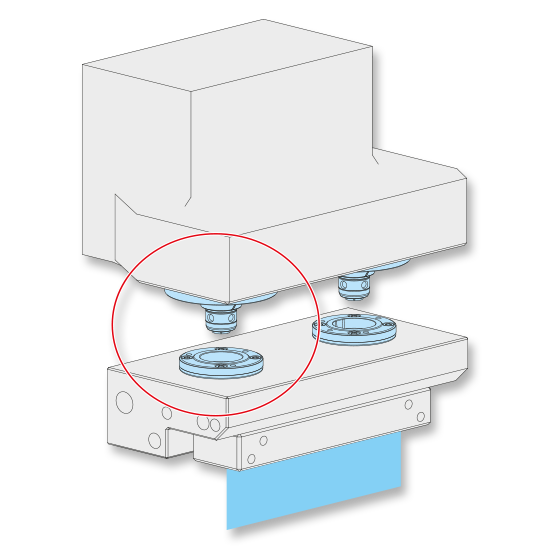 Technische Illustration eines abnehmbaren Beschichtungskopfs und zweier Positionierschnittstellen in einer Anlage zur Photolackbeschichtung.