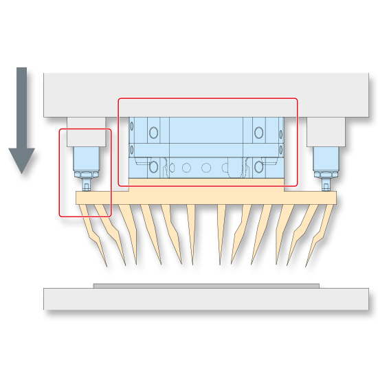 Schematische Darstellung eines Wafer-Prüfkopfs mit austauschbaren Prüfkomponenten oberhalb des Wafer-Prüfbereichs.
