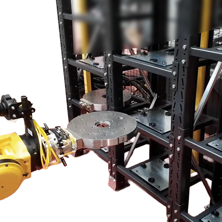 Roboter mit KOSMEK WVB Palettengreifer hält eine runde Metallpalette neben einem Lagerregal